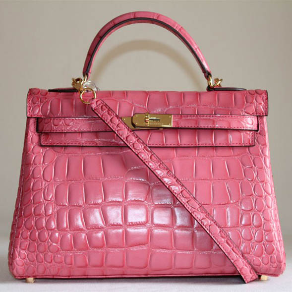 7A Replica Hermes Kelly 32cm Crocodile Veins Leather Bag Pink HC0001 (1)